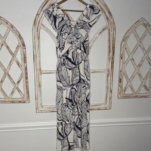 Navy and White Leaf Print Maxi Dress